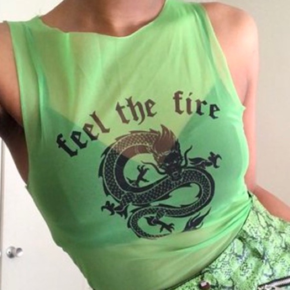 I.AM.GIA “FEEL THE FIRE” green mesh tank